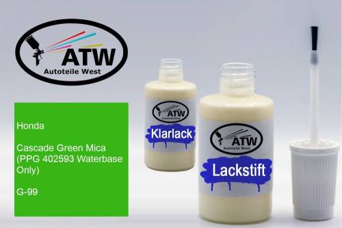 Honda, Cascade Green Mica (PPG 402593 Waterbase Only), G-99: 20ml Lackstift + 20ml Klarlack - Set, von ATW Autoteile West.